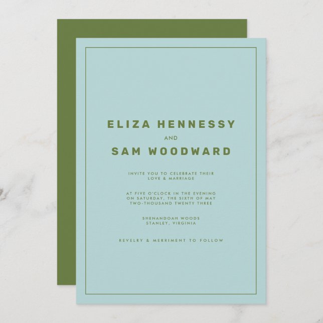 Blue and Green Wes Anderson Inspired Wedding Invitation (Front/Back)