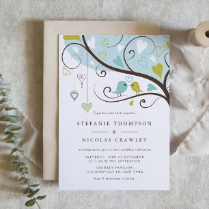 Blue and Green Whimsical Lovebirds Wedding Invitation