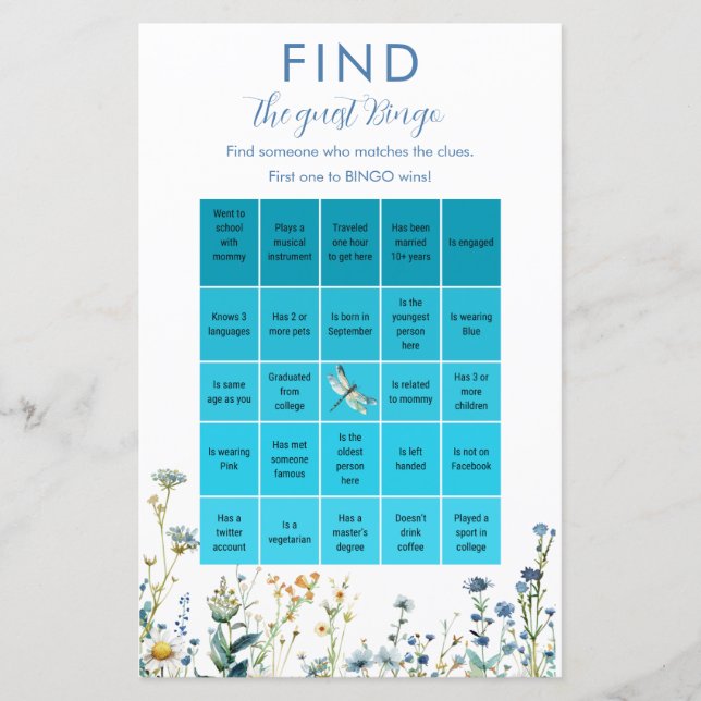 Blue and Green wildflower Bingo game (Front)