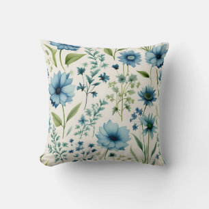 Blue And Green Wildflowers Botanical Cushion