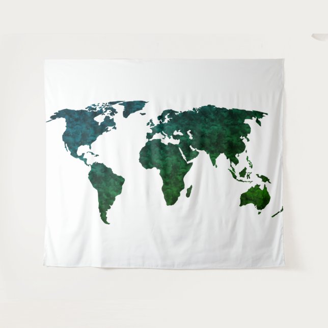  Blue and Green World Map on White Tapestry (Front (Horizontal))
