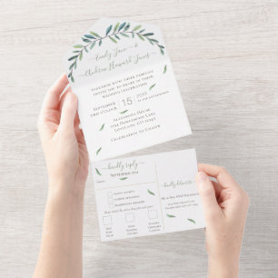 Blue and Green Wreath Leaves Wedding All In One In Invitation