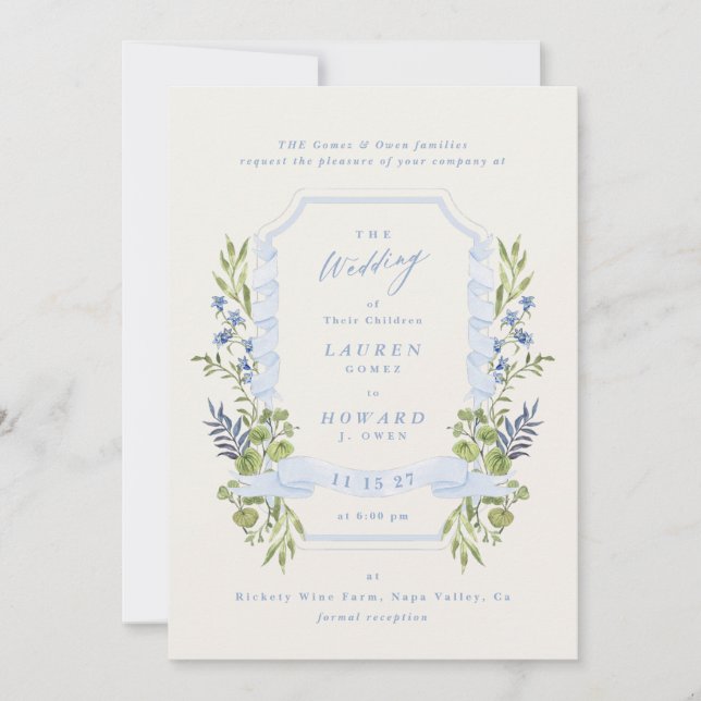 blue and greenery all in one RSVP DETAILS wedding Invitation (Front)