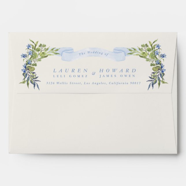 blue and greenery garden crest wreath wedding envelope (Back (Top Flap))