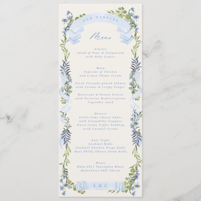 blue and greenery garden crest wreath wedding menu (Front)