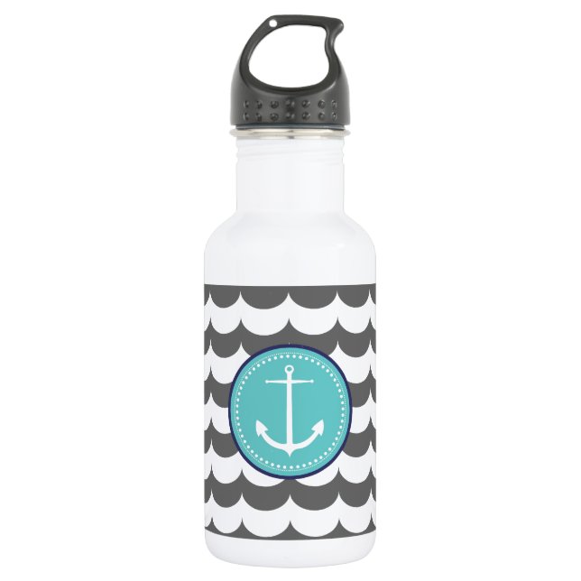 Blue and Grey Anchor with Waves Pattern 532 Ml Water Bottle (Front)