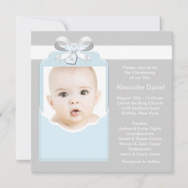 Blue and Grey Baby Boy Photo Christening Invitation (Front)