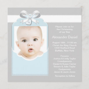 Blue and Grey Baby Boy Photo Christening Invitation