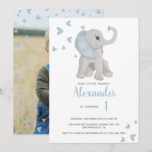 Blue and Grey Baby Elephant 1st Birthday Photo Invitation (Front/Back)