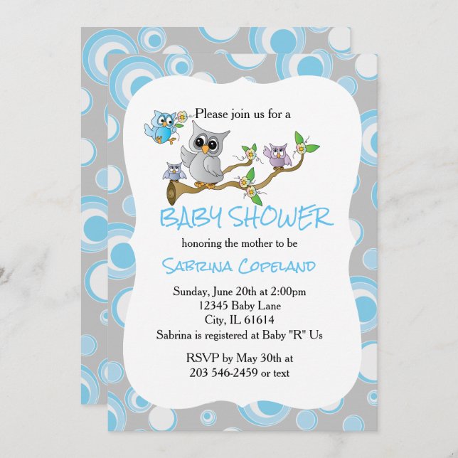 Blue and Grey Baby Owl 🦉| Shower Theme Invitation (Front/Back)