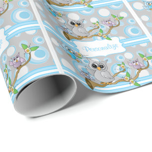 Blue and Grey Baby Owl   Shower Theme Wrapping Paper