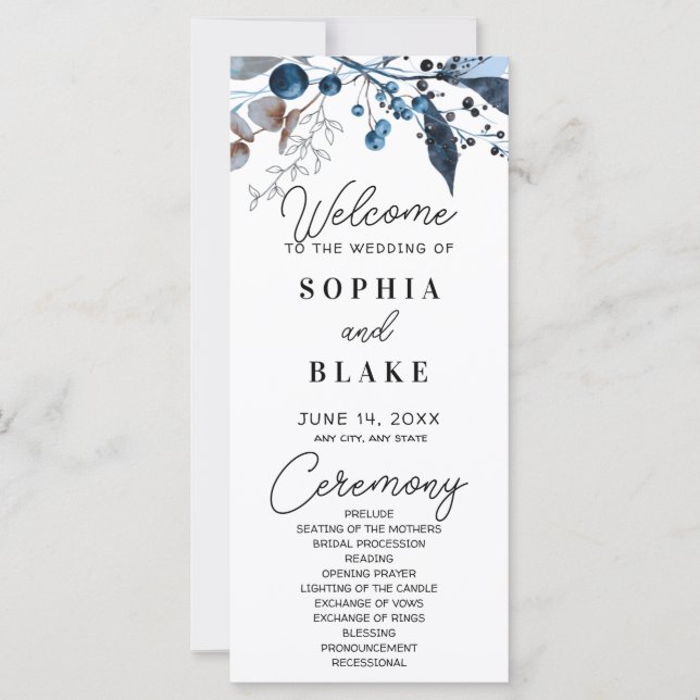 Blue and Grey Berries & Greenery Wedding Program (Front)