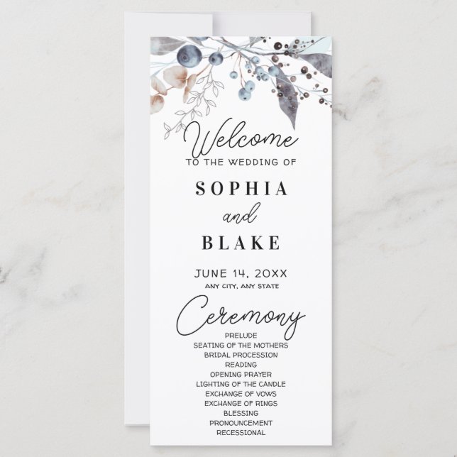 Blue and Grey Berries & Greenery Wedding Program (Front)