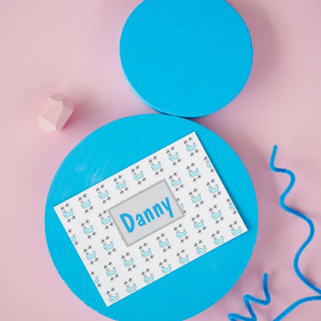 Blue and Grey Boy's Whale and Turtle  Monogram Card (Creator Uploaded)