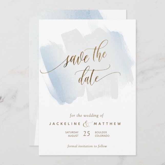 Blue and Grey Brush Strokes, Minimal Wedding Save The Date (Front/Back)