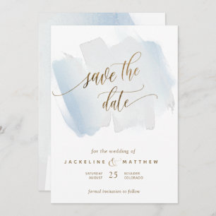 Blue and Grey Brush Strokes, Minimal Wedding Save The Date