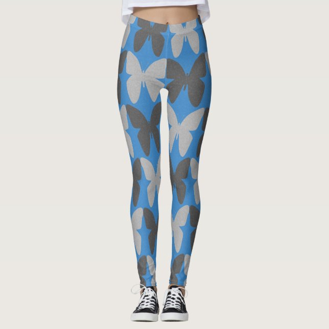 Blue and grey butterfly pattern leggings (Front)