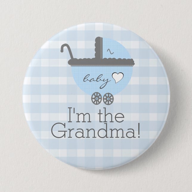 Blue and Grey Carriage Gingham Baby Shower Grandma 7.5 Cm Round Badge (Front)
