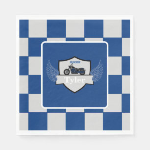 Blue and grey chequered and motorcycle napkin