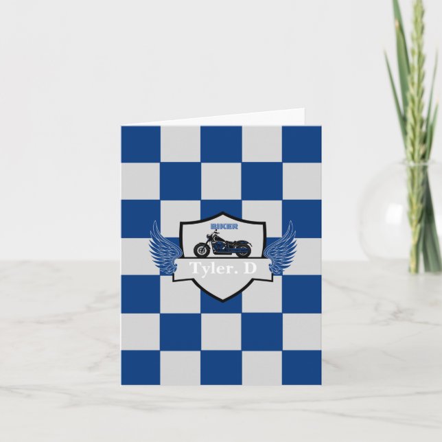 Blue and grey chequered motorcycle baby announceme announcement (Front)