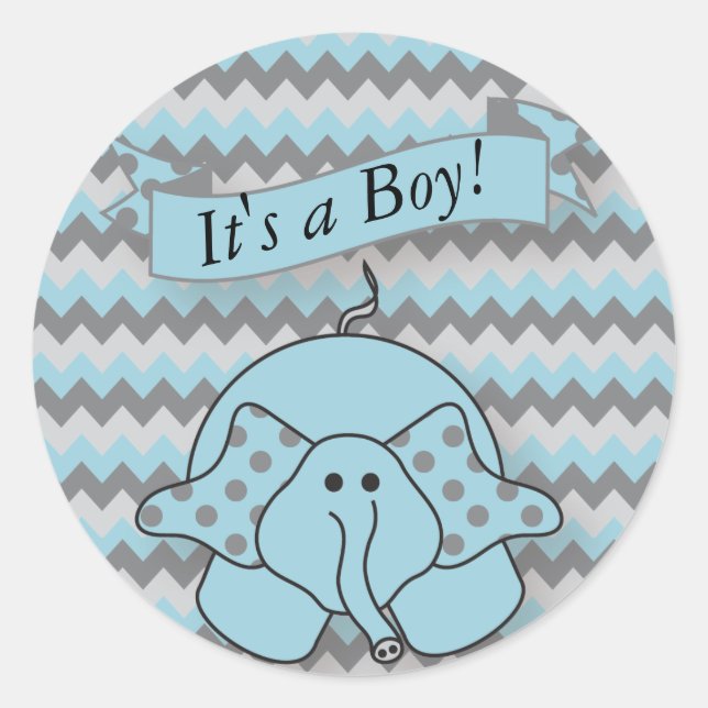Blue and Grey Chevron Baby Elephant Classic Round Sticker (Front)