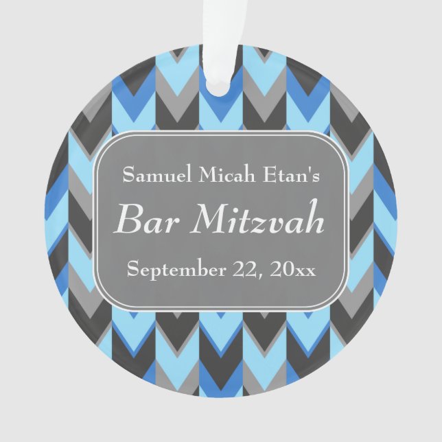 Blue and Grey Chevron Pattern Bar Mitzvah Ornament (Front)