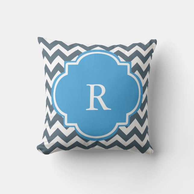 Blue and Grey Chevron Stripe Monogram Cushion (Front)