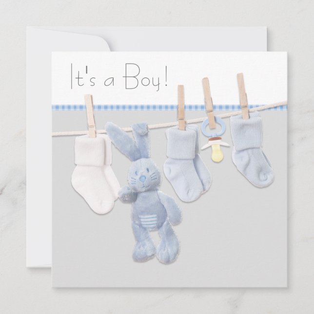 Blue and Grey Clothesline Baby Shower Invitation (Front)