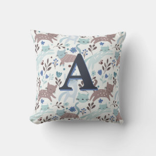 Blue and Grey Cute Whimsical Cat Pattern Monogram Cushion