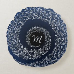 Blue and Grey Damask Monogram Round Cushion