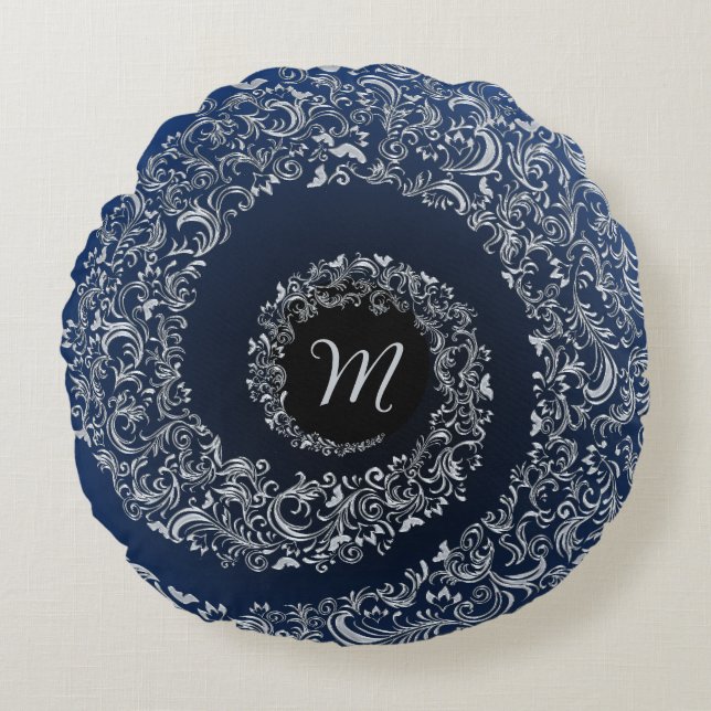 Blue and Grey Damask Monogram Round Cushion (Front)