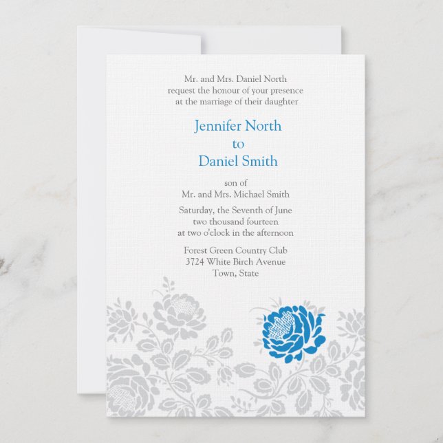 Blue And Grey Damask Wedding Invitations (Front)