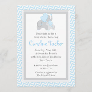 Blue and Grey Elephant Baby Boy Shower Chevron Invitation