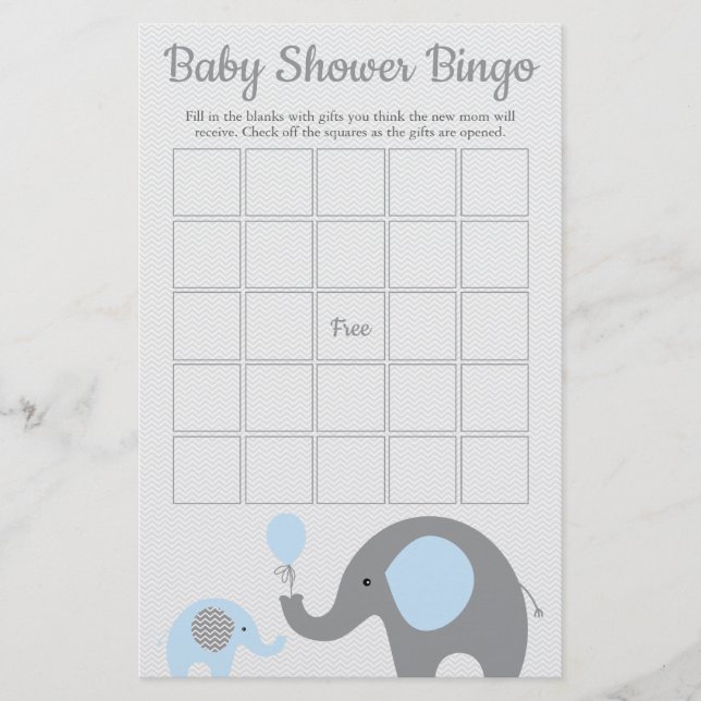 Blue and Grey Elephant Baby Shower Bingo Game Card (Front)