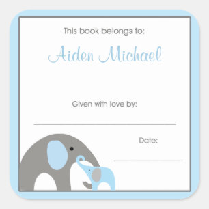Blue and Grey Elephant Baby Shower Book Plate Square Sticker