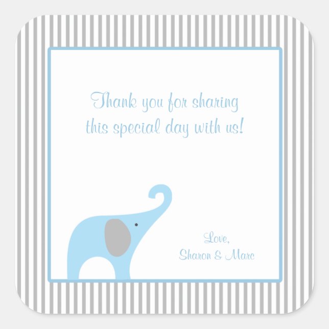 Blue and Grey Elephant Baby Shower Favour Treat Square Sticker (Front)