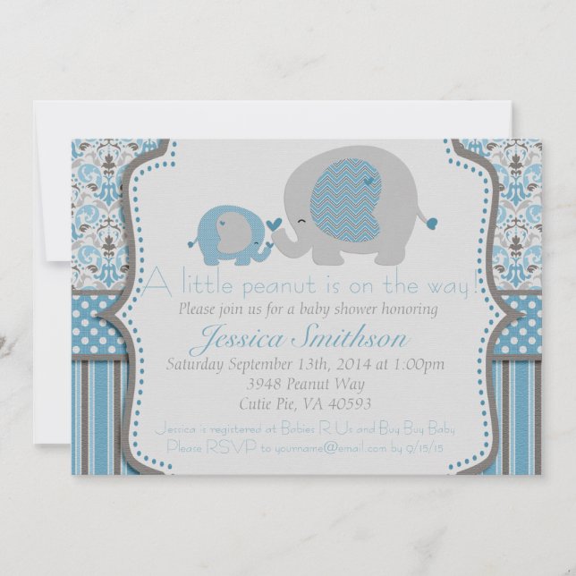 Blue and Grey Elephant Baby Shower Invitation (Front)