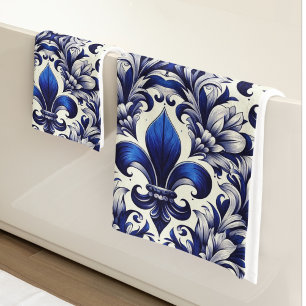 Blue and Grey Fleur de lis  Bath Towel Set