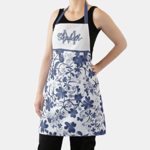 Blue and Grey Floral Monogram Apron