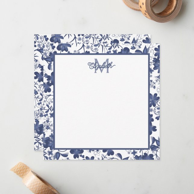 Blue and Grey Floral Monogram Card (Front/Back In Situ)