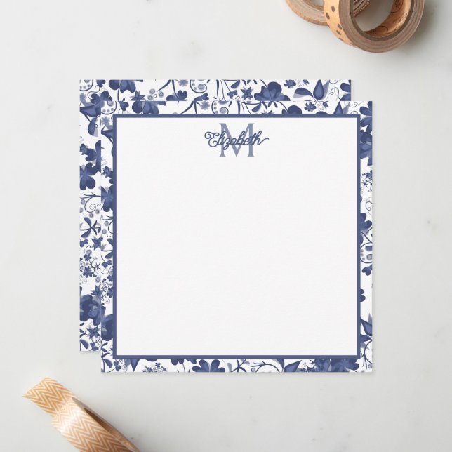 Blue and Grey Floral Monogram Card (Front/Back In Situ)