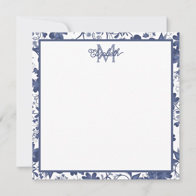 Blue and Grey Floral Monogram Card (Front)