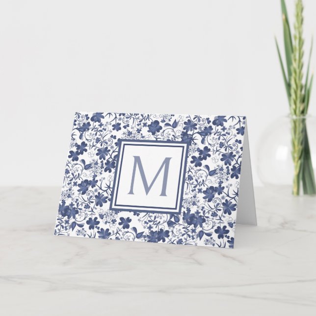 Blue and Grey Floral Monogram Note Card (Front)