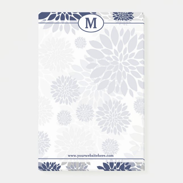 Blue and Grey Floral Pattern Monogram Post-it Notes (Front)