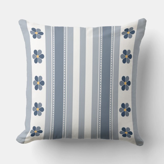 Blue and Grey Floral Stripes Cushion (Front)