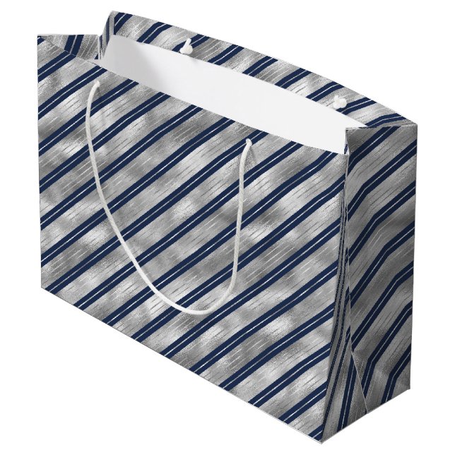 Blue and Grey Glossy Stripes Large Gift Bag (Back Angled)