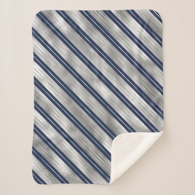 Blue and Grey Glossy Stripes Sherpa Blanket (Front)