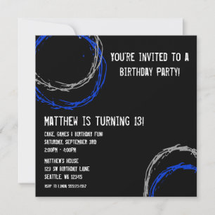 Blue and Grey Grunge Circles Boy Birthday Party Invitation