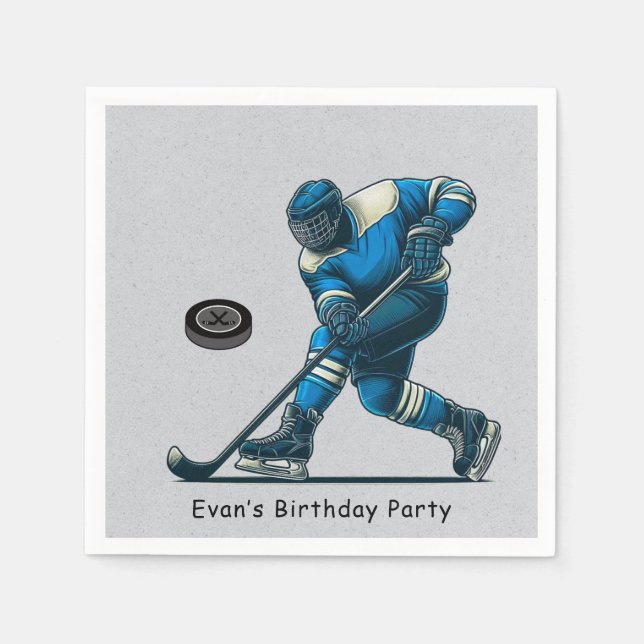 Blue and Grey Hockey Player Birthday Party Napkin (Front)