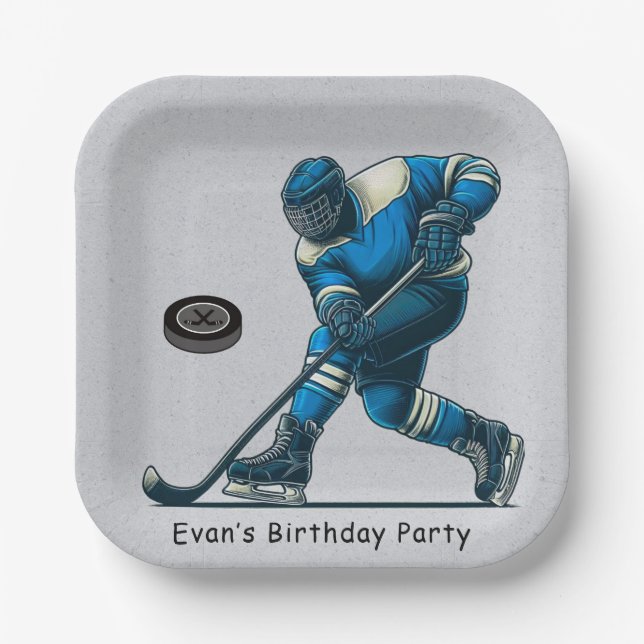 Blue and Grey Hockey Player Birthday Party Paper Plate (Front)